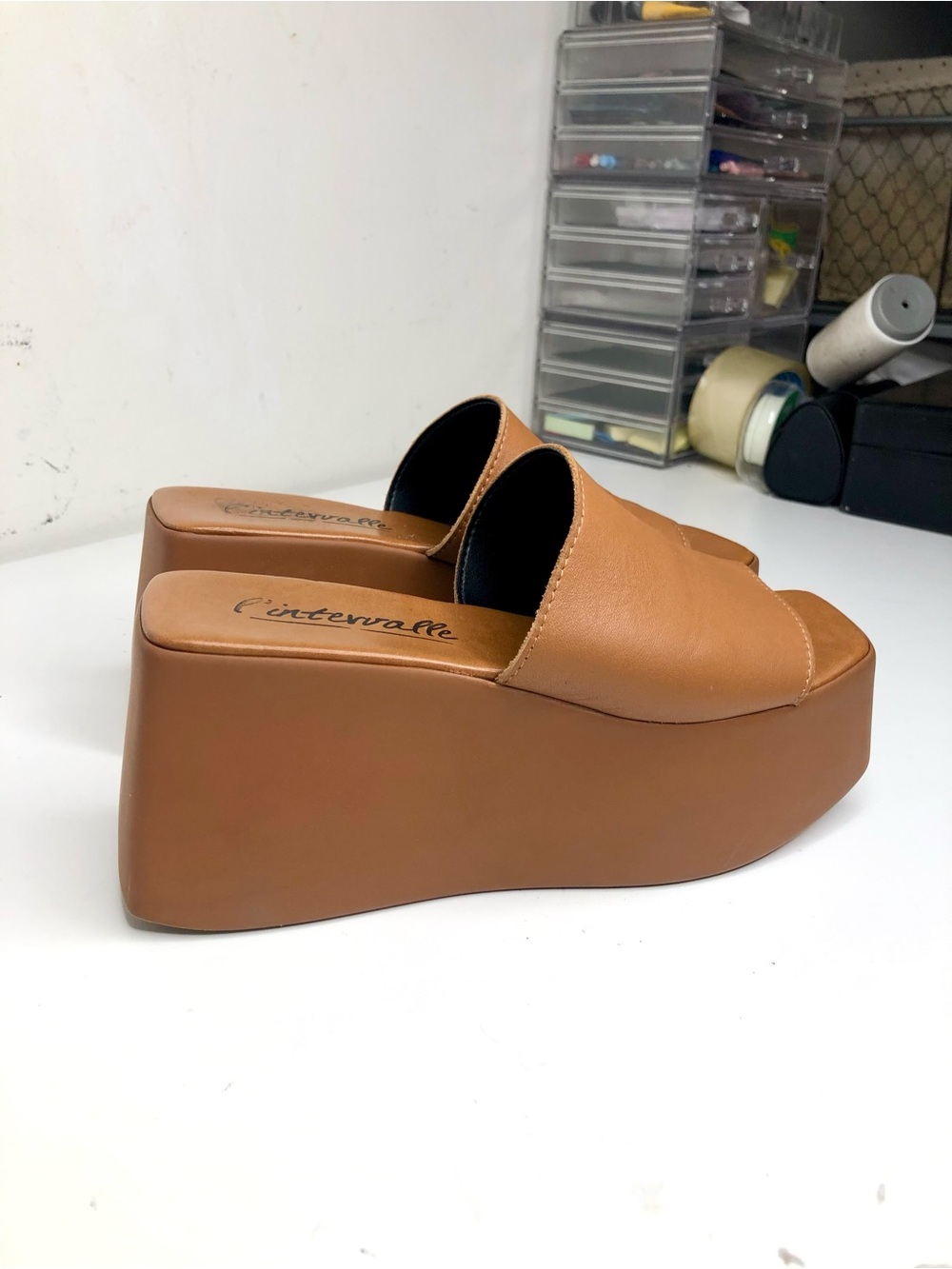 L'INTERVALLE Leather Platform Slide Wedges